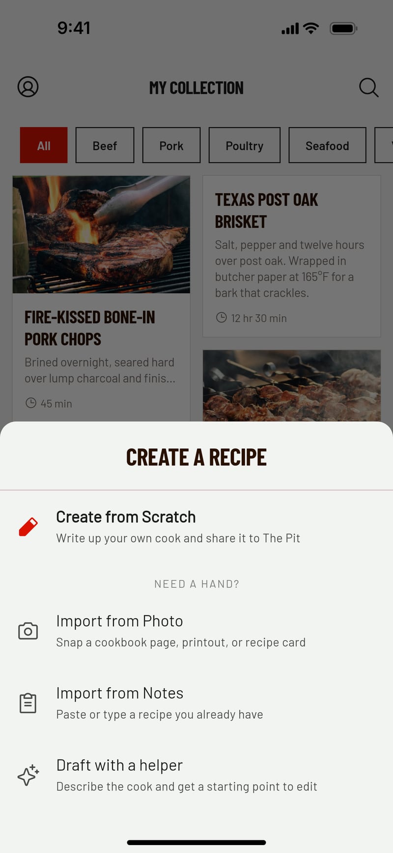The BBQ Chef create menu with options to create from scratch, import from photo, import from notes or draft with a helper