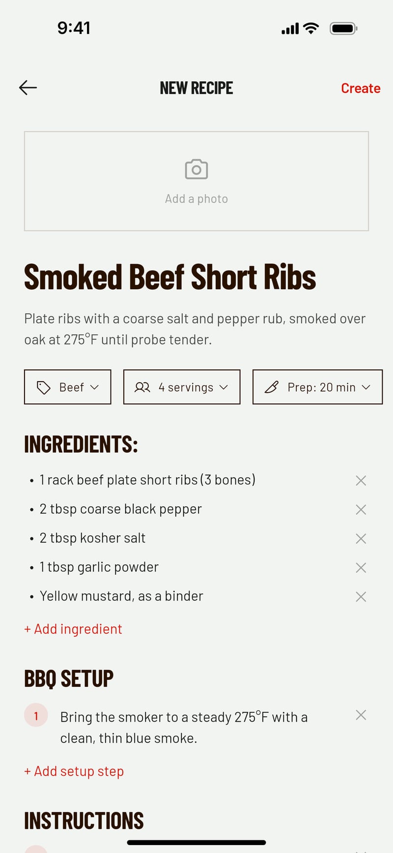 The BBQ Chef recipe editor: a live recipe card for smoked beef short ribs with editable ingredients, BBQ setup and cooking times