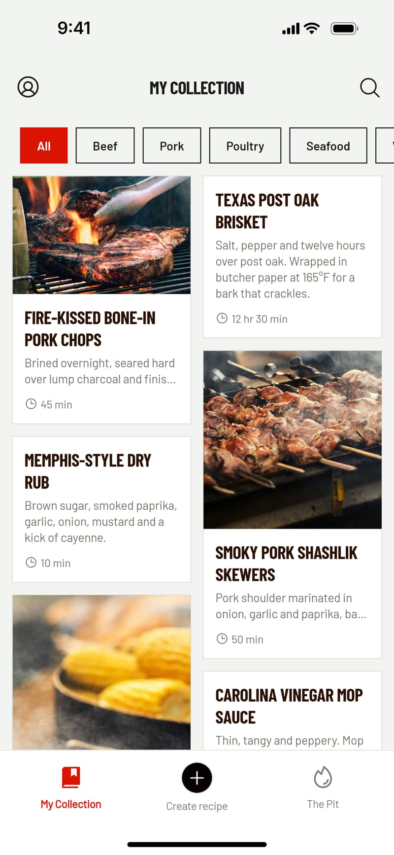 My Collection in BBQ Chef: saved BBQ recipes in a photo grid with category filters for beef, pork, poultry and seafood