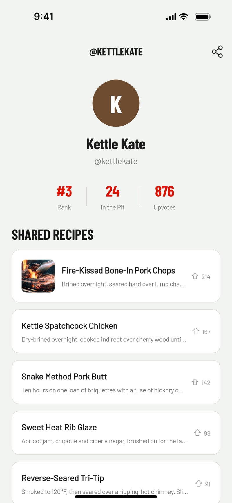 A pitmaster profile in BBQ Chef showing rank 3, 24 recipes in The Pit, 876 upvotes and their shared recipes