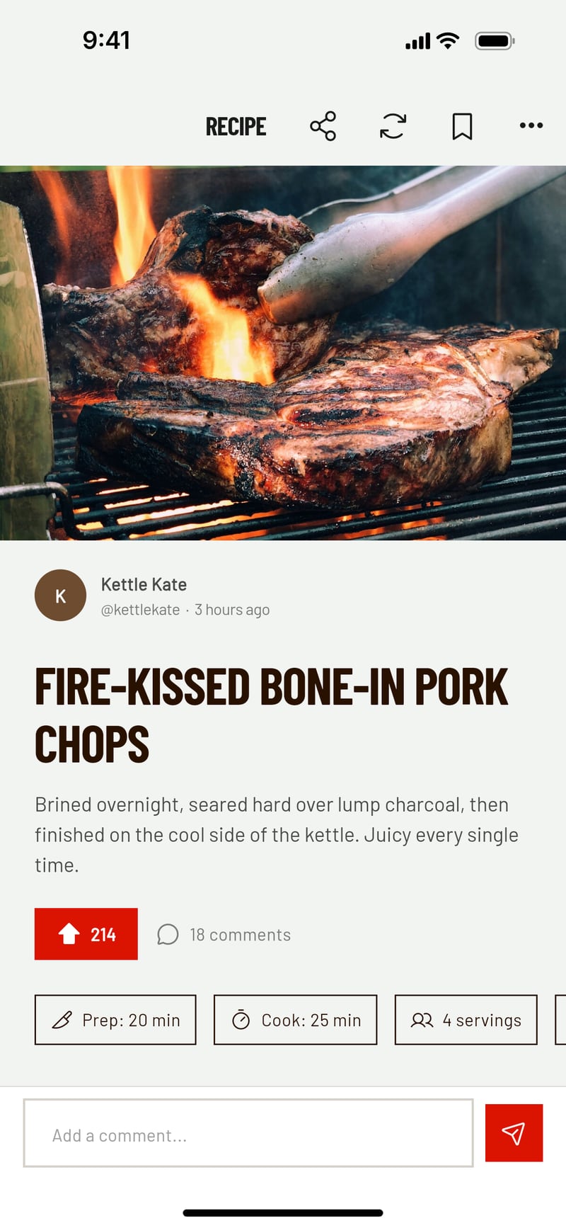 A BBQ Chef recipe page for fire-kissed bone-in pork chops, with a photo, the pitmaster who shared it, 214 upvotes and prep and cook times