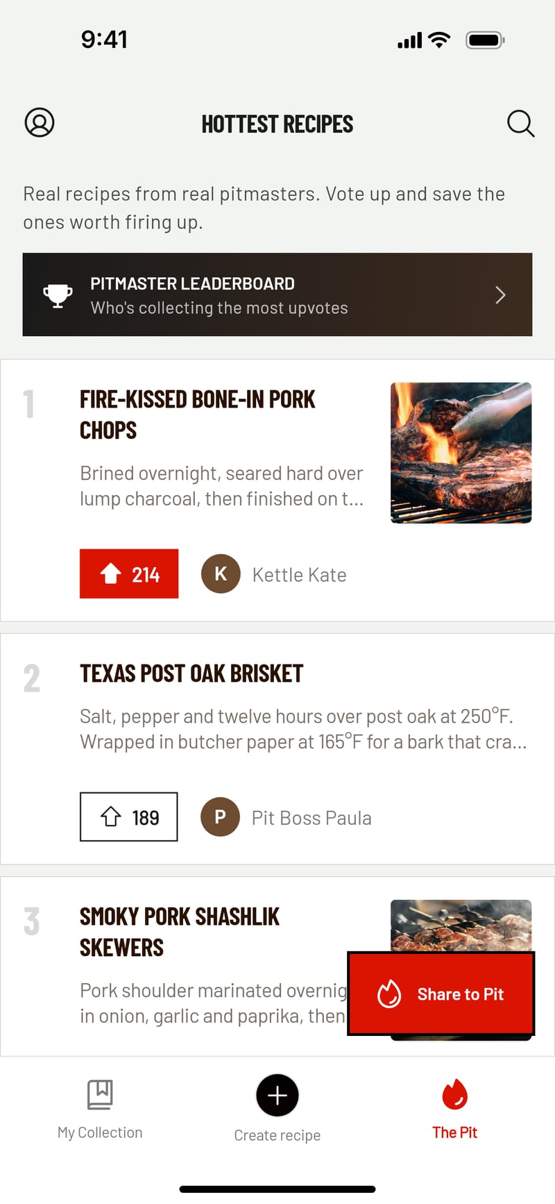 The Pit in the BBQ Chef app: the hottest community BBQ recipes ranked by upvotes, with recipe photos and a banner for the pitmaster leaderboard